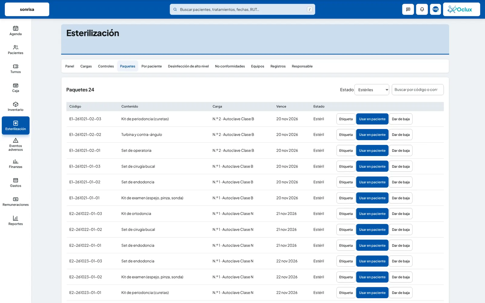Oclux: registros de esterilización y eventos adversos